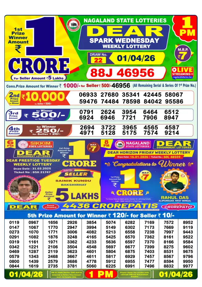 Dhankesari Result for 01-04-2026 1:00 PM Morning Draw - Winning Numbers