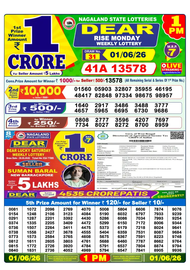 Dhankesari Result for 01-06-2026 1:00 PM Morning Draw - Winning Numbers