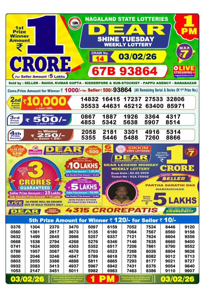 Dhankesari Result for 03-02-2026 1:00 PM Morning Draw - Winning Numbers