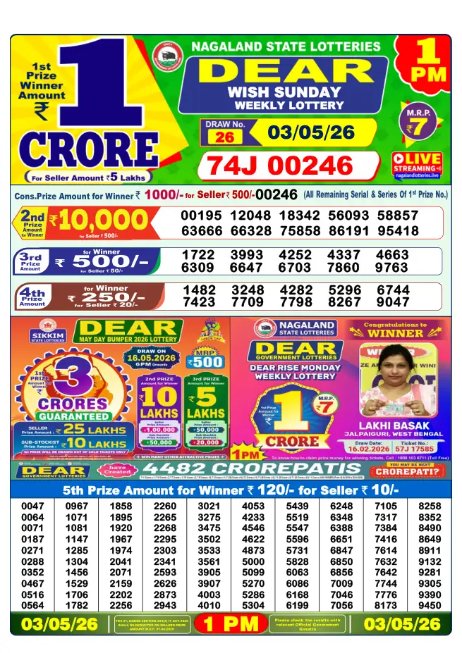 Dhankesari Result for 03-05-2026 1:00 PM Morning Draw - Winning Numbers