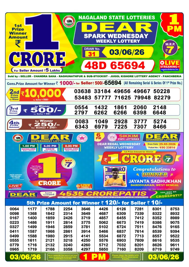 Dhankesari Result for 03-06-2026 1:00 PM Morning Draw - Winning Numbers