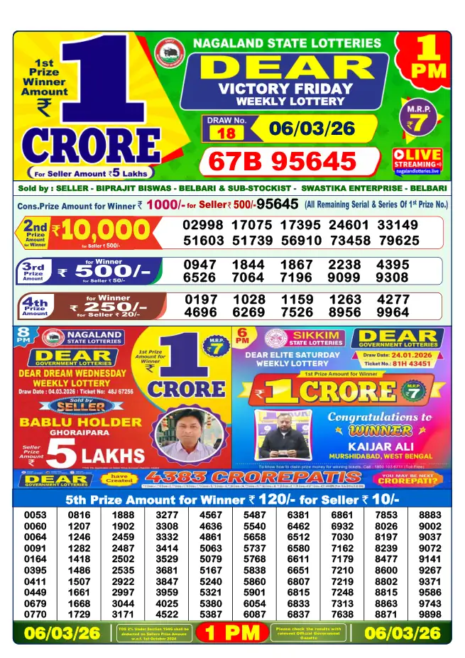Dhankesari Result for 06-03-2026 1:00 PM Morning Draw - Winning Numbers