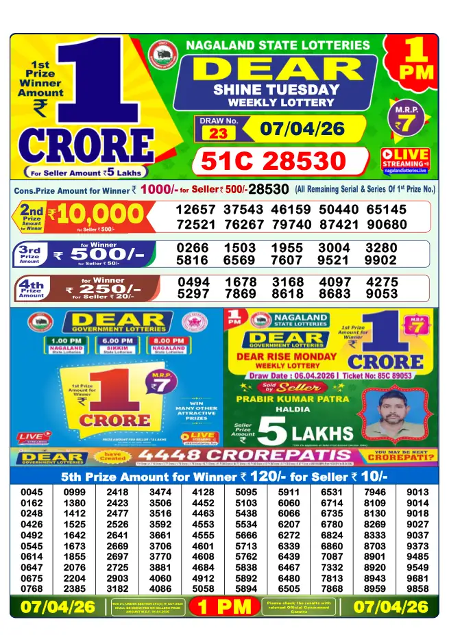 Dhankesari Result for 07-04-2026 1:00 PM Morning Draw - Winning Numbers
