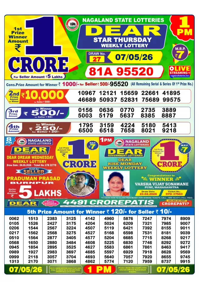 Dhankesari Result for 07-05-2026 1:00 PM Morning Draw - Winning Numbers