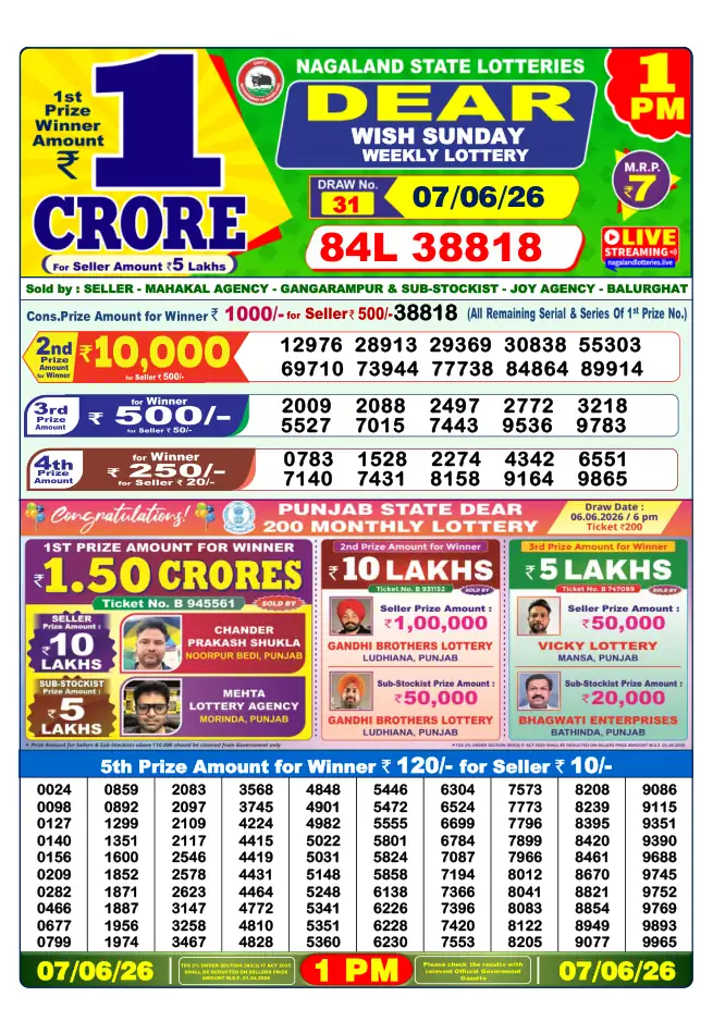 Dhankesari Result for 07-06-2026 1:00 PM Morning Draw - Winning Numbers