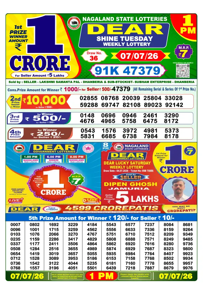Dhankesari Result for 07-07-2026 1:00 PM Morning Draw - Winning Numbers