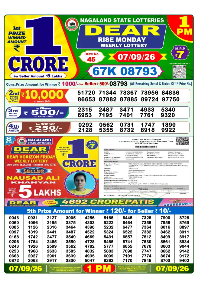 Dhankesari Result for 07-09-2026 1:00 PM Morning Draw - Winning Numbers