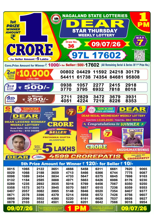 Dhankesari Result for 09-07-2026 1:00 PM Morning Draw - Winning Numbers