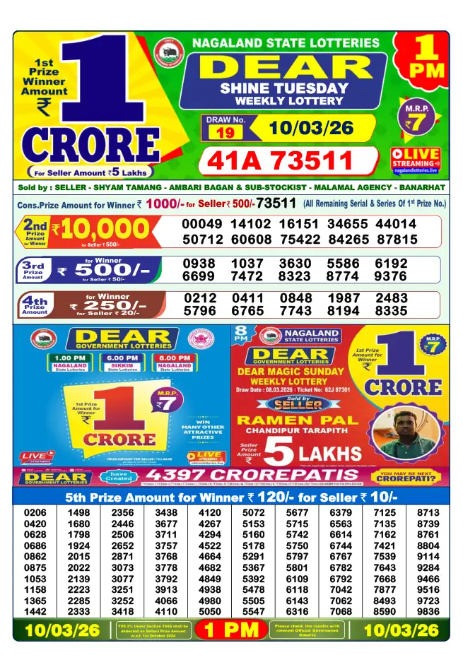 Dhankesari Result for 10-03-2026 1:00 PM Morning Draw - Winning Numbers