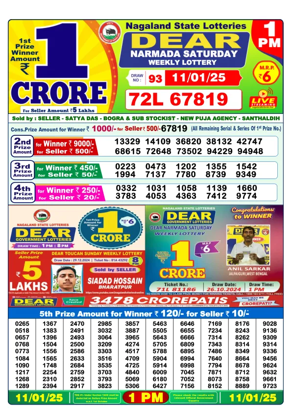 Dhankesari Result for 11-01-2025 1:00 Morning Draw - Winning Numbers