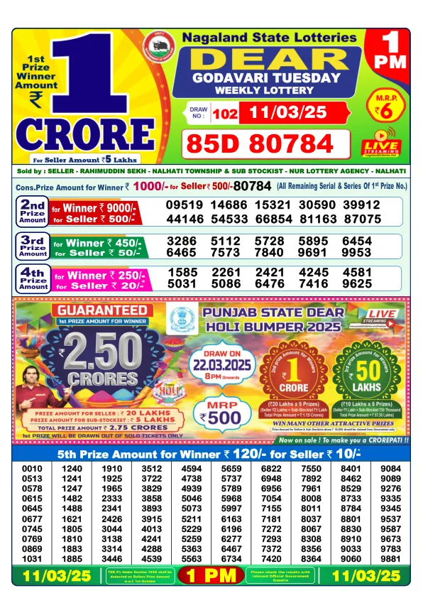 Dhankesari Result for 11-03-2025 1:00 Morning Draw - Winning Numbers