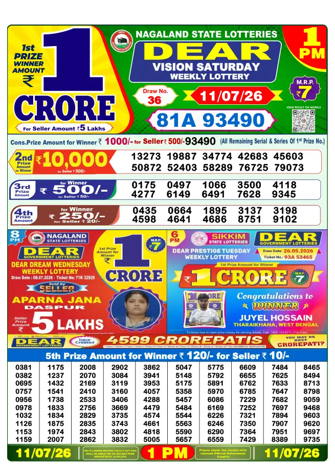 Dhankesari Result for 11-07-2026 1:00 PM Morning Draw - Winning Numbers