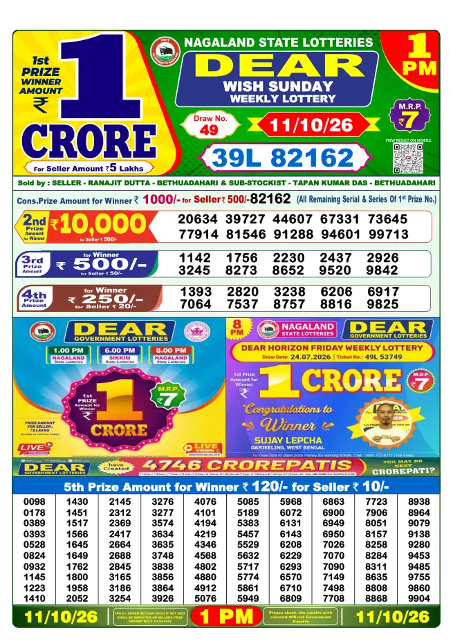 Dhankesari Result for 12-10-2026 1:00 PM Morning Draw - Winning Numbers