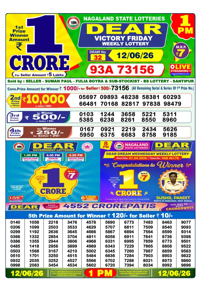 Dhankesari Result for 12-06-2026 1:00 PM Morning Draw - Winning Numbers