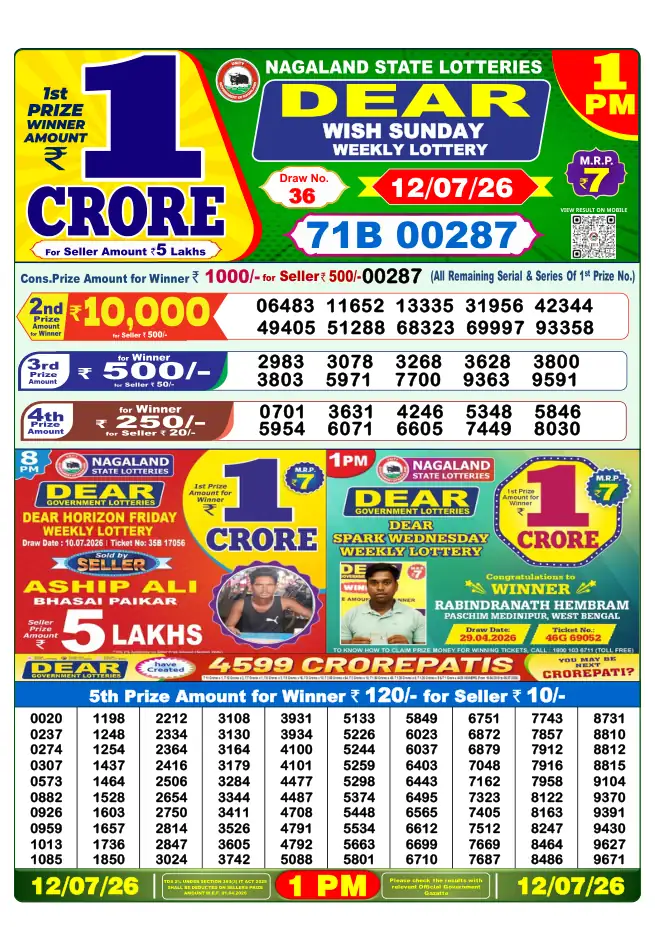 Dhankesari Result for 12-07-2026 1:00 PM Morning Draw - Winning Numbers
