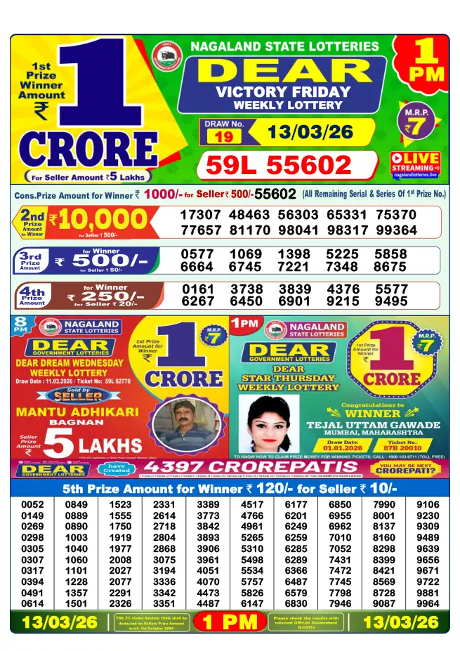 Dhankesari Result for 13-03-2026 1:00 PM Morning Draw - Winning Numbers