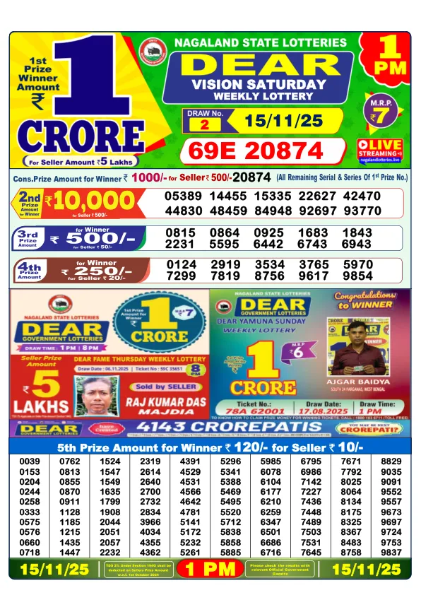 Dhankesari Result for 15-11-2025 1:00 Morning Draw - Winning Numbers