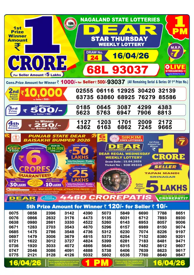 Dhankesari Result for 16-04-2026 1:00 PM Morning Draw - Winning Numbers