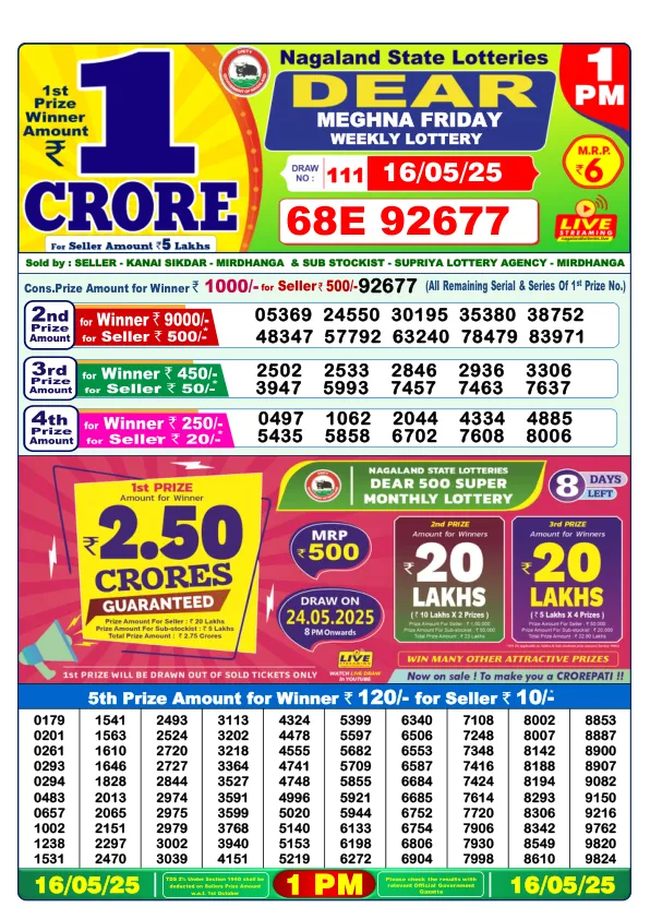Dhankesari Result for 16-05-2025 1:00 Morning Draw - Winning Numbers