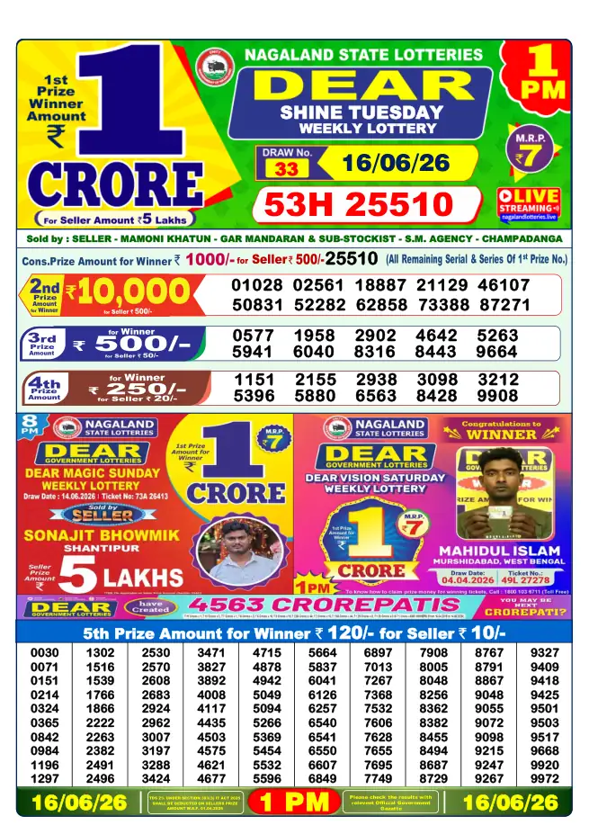Dhankesari Result for 16-06-2026 1:00 PM Morning Draw - Winning Numbers