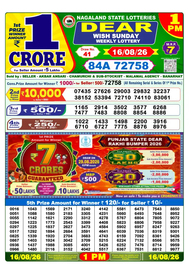 Dhankesari Result for 16-08-2026 1:00 PM Morning Draw - Winning Numbers