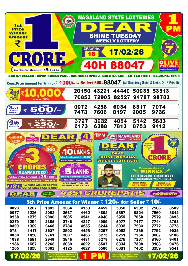 Dhankesari Result for 18-02-2026 1:00 PM Morning Draw - Winning Numbers