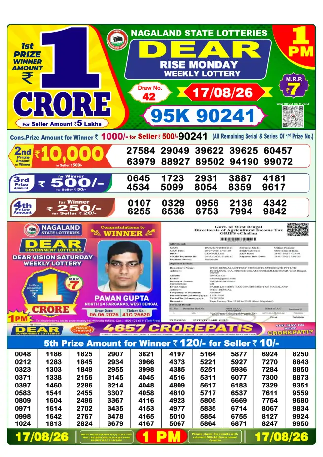 Dhankesari Result for 17-08-2026 1:00 PM Morning Draw - Winning Numbers