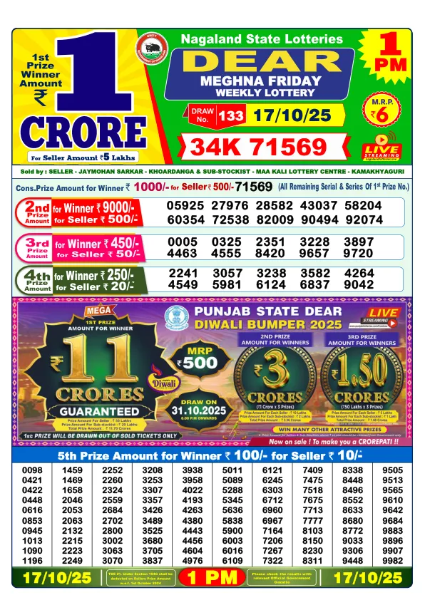 Dhankesari Result for 17-10-2025 1:00 Morning Draw - Winning Numbers