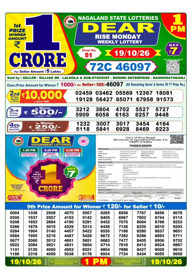 Dhankesari Result for 20-10-2026 1:00 PM Morning Draw - Winning Numbers
