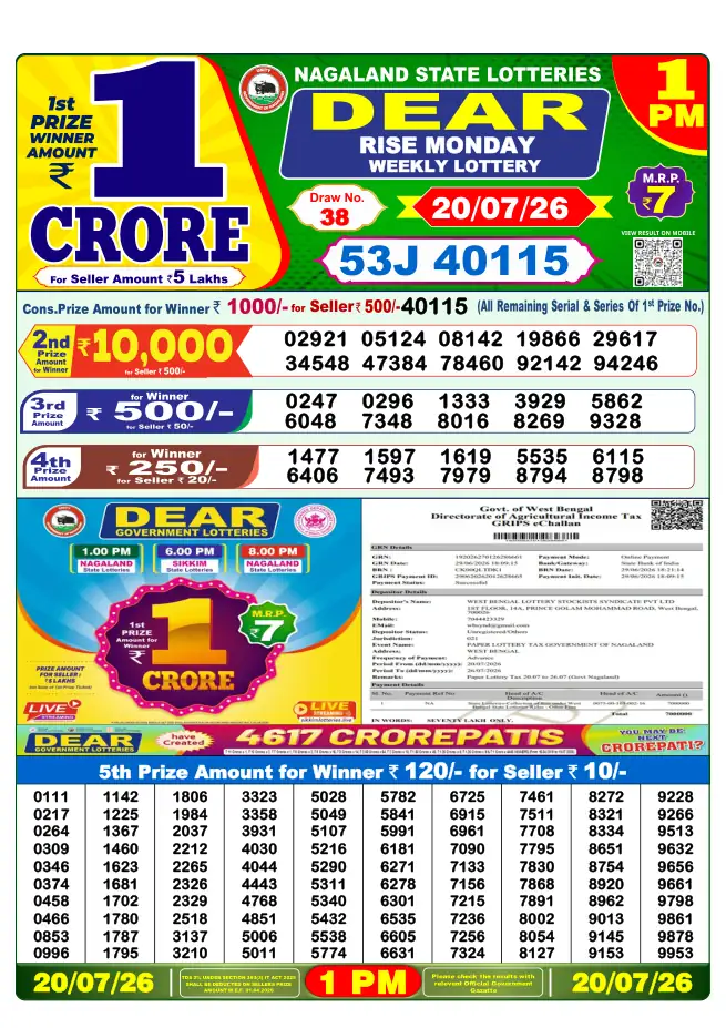 Dhankesari Result for 20-07-2026 1:00 PM Morning Draw - Winning Numbers