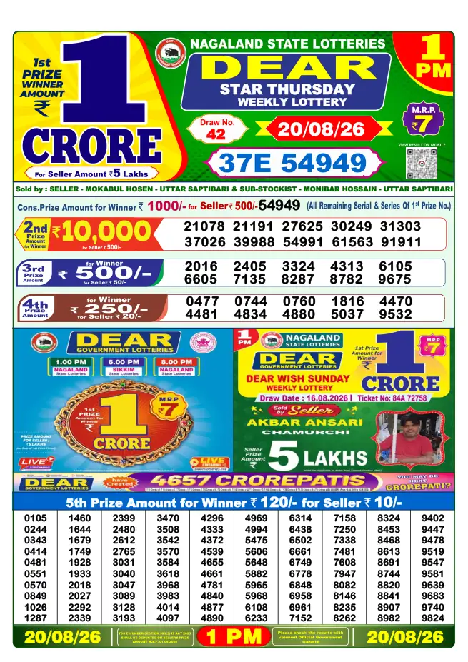 Dhankesari Result for 20-08-2026 1:00 PM Morning Draw - Winning Numbers
