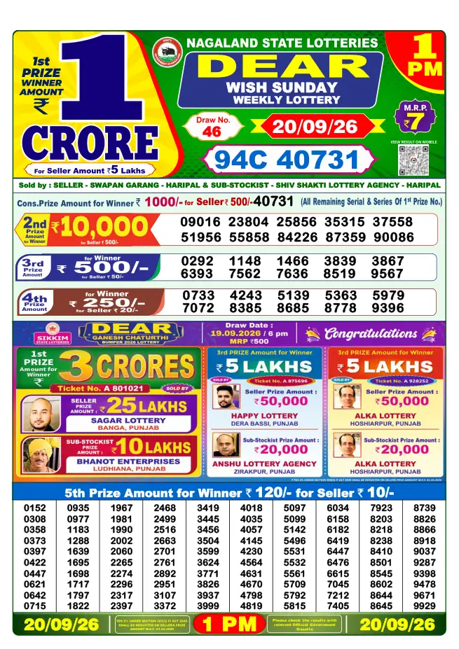 Dhankesari Result for 20-09-2026 1:00 PM Morning Draw - Winning Numbers