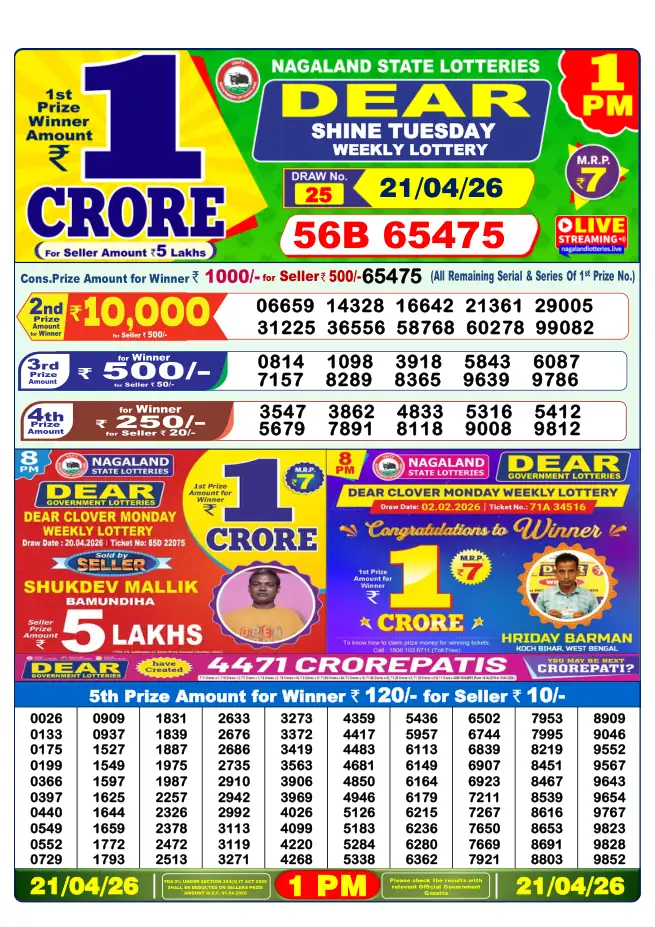 Dhankesari Result for 21-04-2026 1:00 PM Morning Draw - Winning Numbers