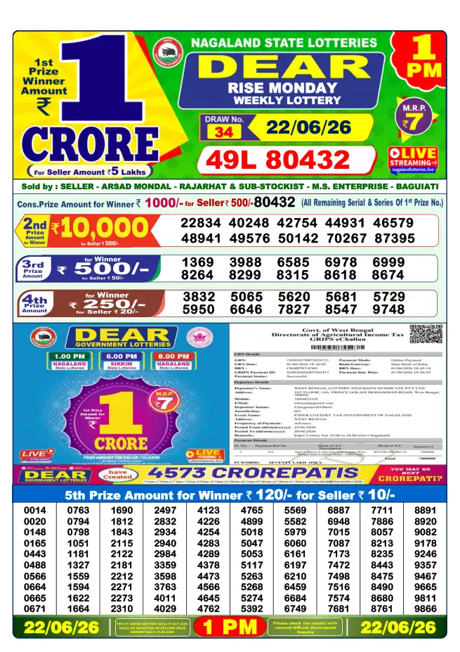 Dhankesari Result for 22-06-2026 1:00 PM Morning Draw - Winning Numbers