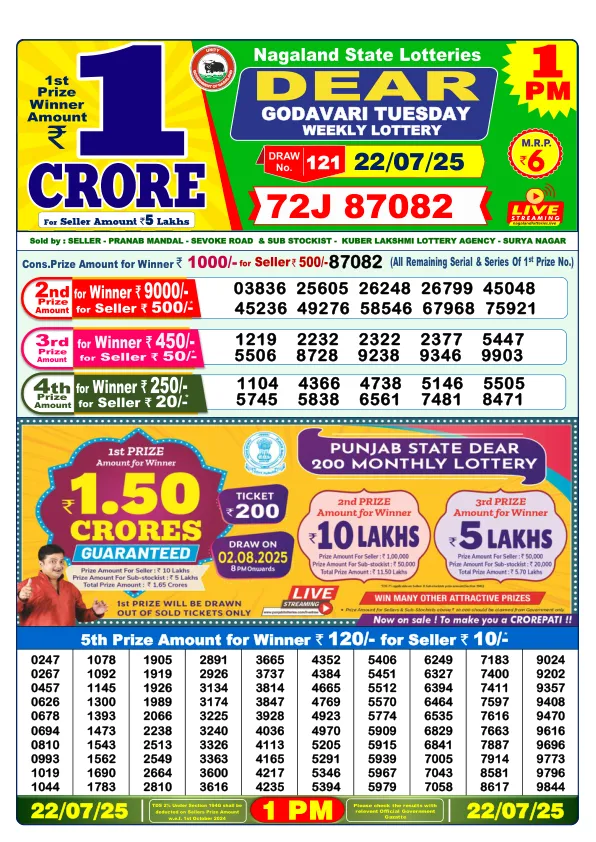 Dhankesari Result for 22-07-2025 1:00 Morning Draw - Winning Numbers