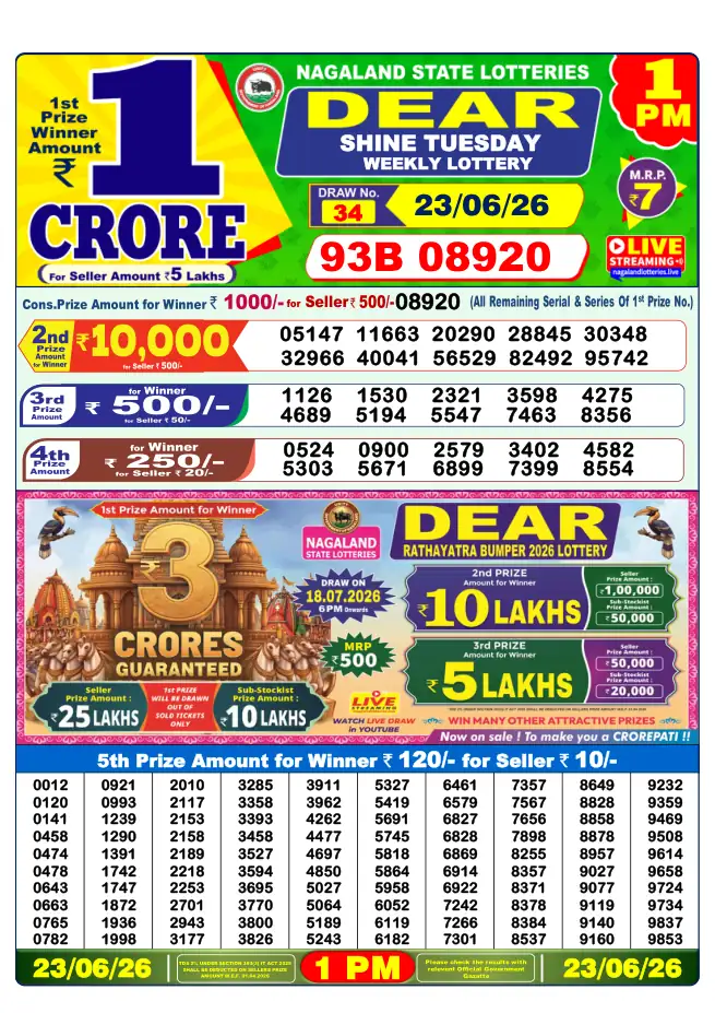 Dhankesari Result for 23-06-2026 1:00 PM Morning Draw - Winning Numbers