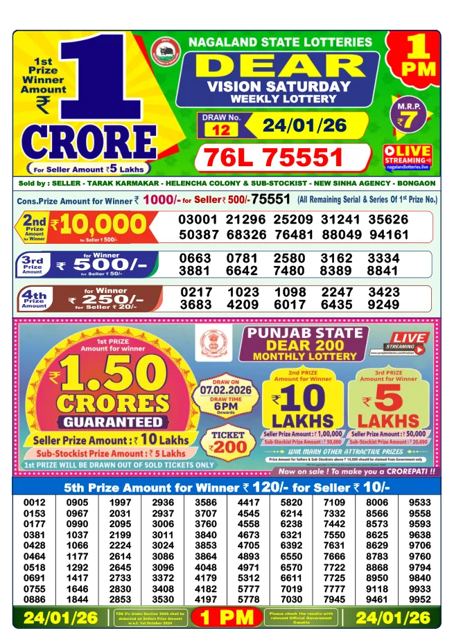 Dhankesari Result for 24-01-2026 1:00 Morning Draw - Winning Numbers