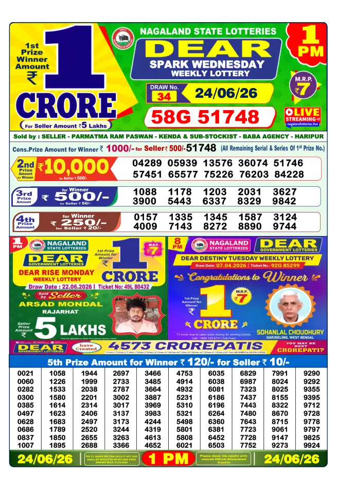 Dhankesari Result for 24-06-2026 1:00 PM Morning Draw - Winning Numbers