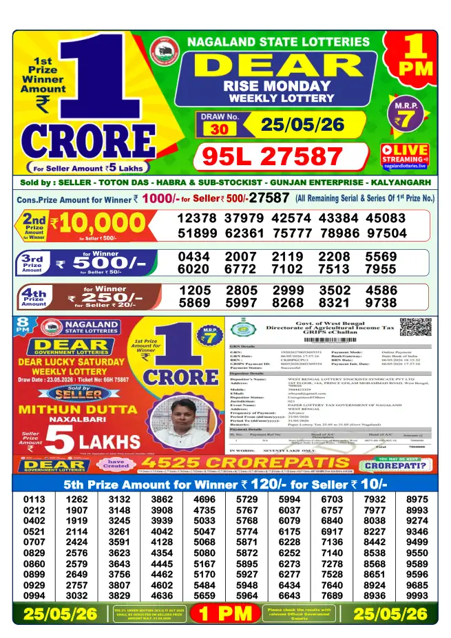 Dhankesari Result for 25-05-2026 1:00 PM Morning Draw - Winning Numbers