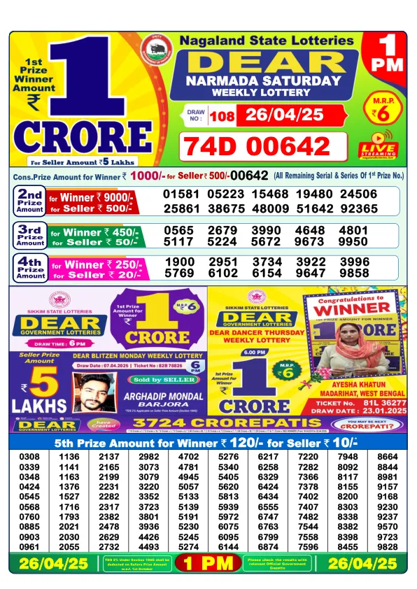 Dhankesari Result for 26-04-2025 1:00 Morning Draw - Winning Numbers