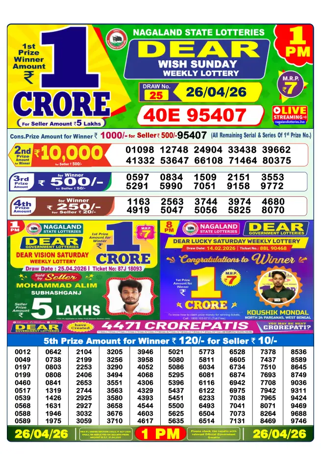 Dhankesari Result for 26-04-2026 1:00 PM Morning Draw - Winning Numbers