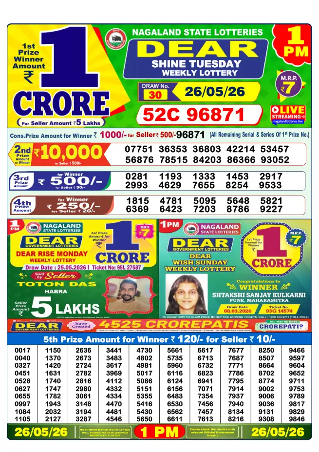 Dhankesari Result for 26-05-2026 1:00 PM Morning Draw - Winning Numbers