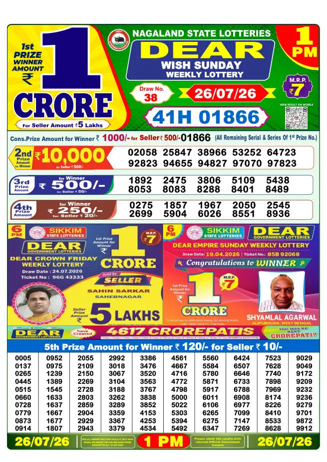Dhankesari Result for 27-07-2026 1:00 PM Morning Draw - Winning Numbers
