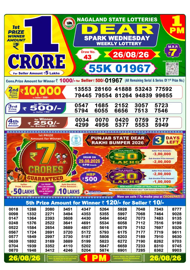Dhankesari Result for 27-08-2026 1:00 PM Morning Draw - Winning Numbers