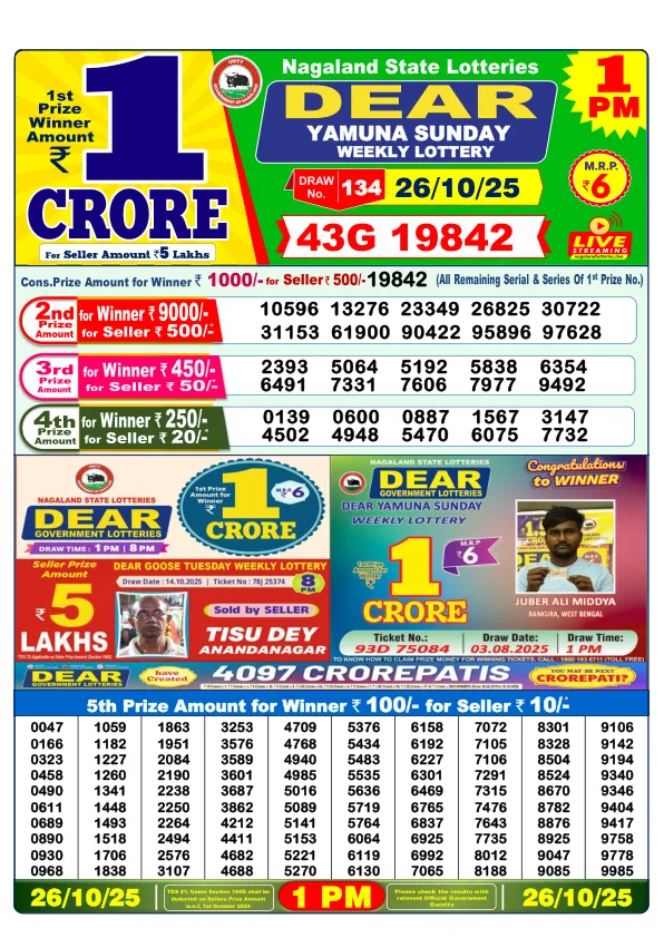 Dhankesari Result for 26-10-2025 1:00 Morning Draw - Winning Numbers