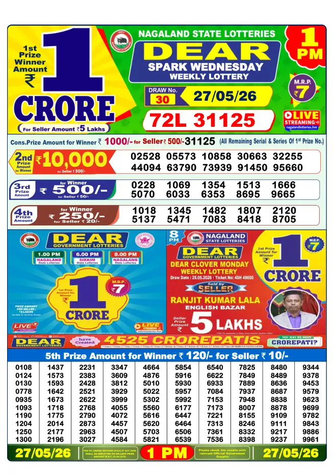 Dhankesari Result for 27-05-2026 1:00 PM Morning Draw - Winning Numbers