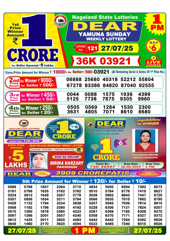 Dhankesari Result for 27-07-2025 1:00 Morning Draw - Winning Numbers