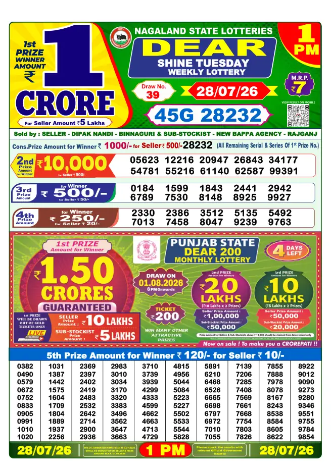 Dhankesari Result for 29-07-2026 1:00 PM Morning Draw - Winning Numbers