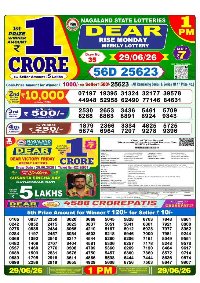 Dhankesari Result for 29-06-2026 1:00 PM Morning Draw - Winning Numbers