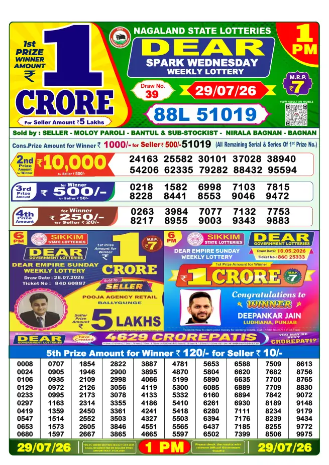 Dhankesari Result for 30-07-2026 1:00 PM Morning Draw - Winning Numbers